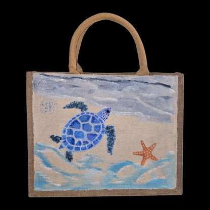 sea turtle tote bag, beach turtle tote, hand painted beaded turtle jute bag, eco-friendly turtle market bag