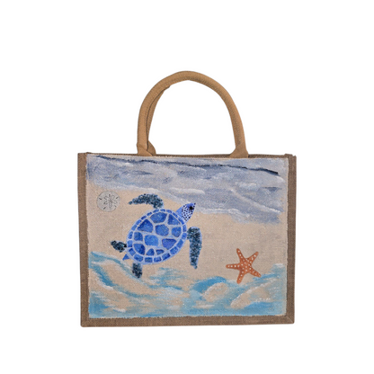 sea turtle tote bag, beach turtle tote, hand painted beaded turtle jute bag, eco-friendly turtle market bag