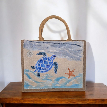 sea turtle tote bag, beach turtle tote, hand painted beaded turtle jute bag, eco-friendly turtle market bag