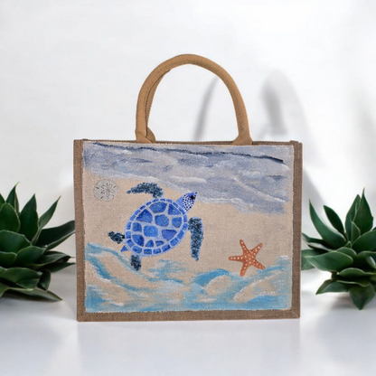 sea turtle tote bag, beach turtle tote, hand painted beaded turtle jute bag, eco-friendly turtle market bag