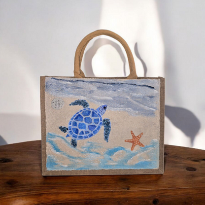 sea turtle tote bag, beach turtle tote, hand painted beaded turtle jute bag, eco-friendly turtle market bag