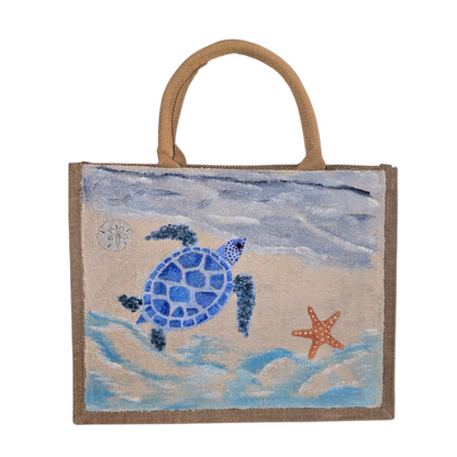 sea turtle tote bag, beach turtle tote, hand painted beaded turtle jute bag, eco-friendly turtle market bag