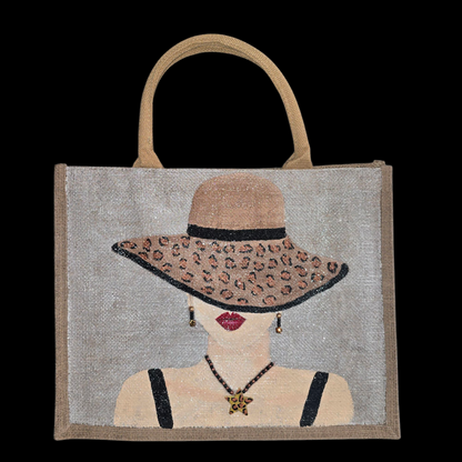 animal print tote bag, lady in hat tote bag, beaded animal print jute bag, eco-friendly fashion tote, off white tote bag