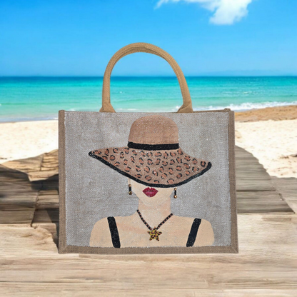animal print tote bag, lady in hat tote bag, beaded animal print jute bag, eco-friendly fashion tote, off white tote bag