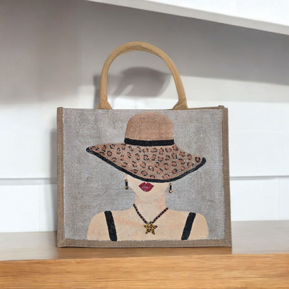 animal print tote bag, lady in hat tote bag, beaded animal print jute bag, eco-friendly fashion tote, off white tote bag