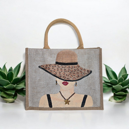 animal print tote bag, lady in hat tote bag, beaded animal print jute bag, eco-friendly fashion tote, off white tote bag