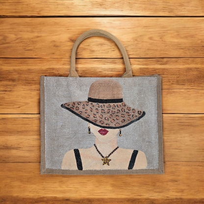 animal print tote bag, lady in hat tote bag, beaded animal print jute bag, eco-friendly fashion tote, off white tote bag
