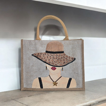 animal print tote bag, lady in hat tote bag, beaded animal print jute bag, eco-friendly fashion tote, off white tote bag