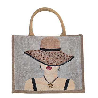 animal print tote bag, lady in hat tote bag, beaded animal print jute bag, eco-friendly fashion tote, off white tote bag