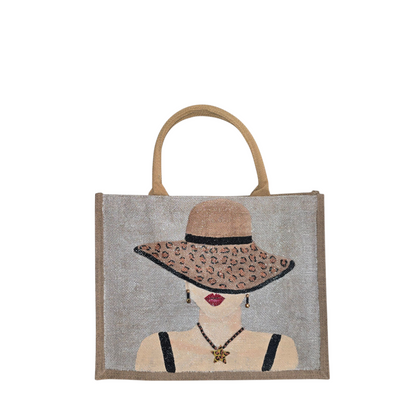 animal print tote bag, lady in hat tote bag, beaded animal print jute bag, eco-friendly fashion tote, off white tote bag