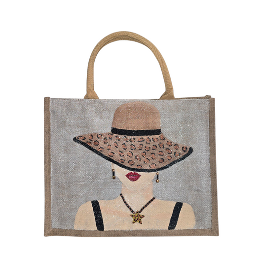Hand-Painted-Tote-Bag, Lady-in-Animal-Print-Hat-Design, Artistic-Design