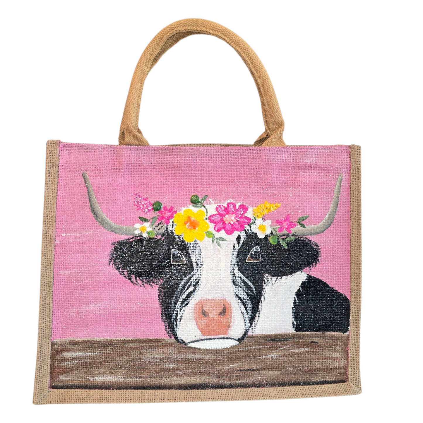 Black-and-White-Highland-Cow-Tote-Bag, Hand-Painted-with-Floral-Details, Artistic-Design