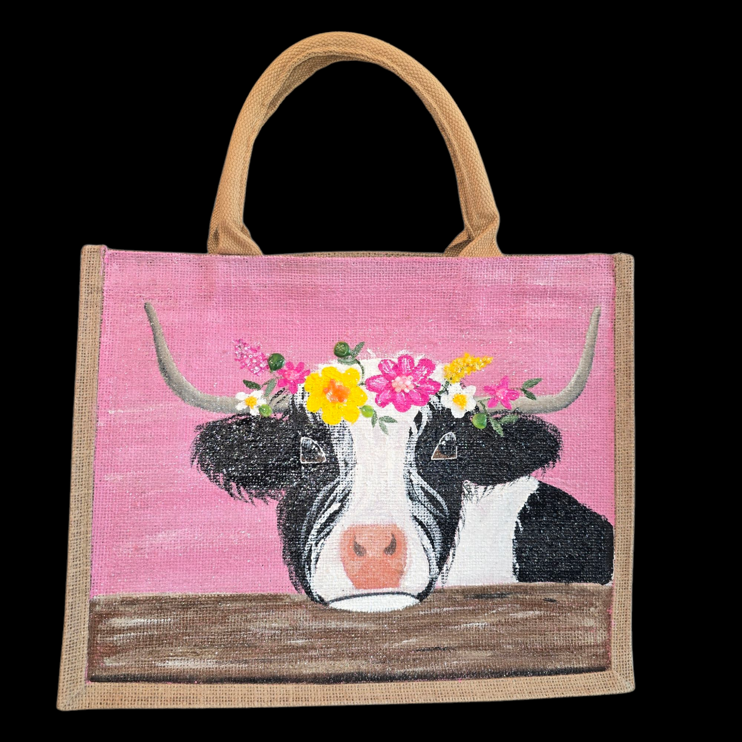 Black-and-White-Highland-Cow-Tote-Bag, Hand-Painted-with-Floral-Details, Artistic-Design
