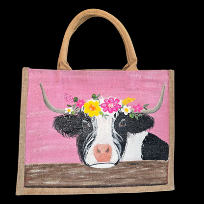 black and white highland cow tote bag, pink tote bag, hand painted beaded cow jute bag, eco-friendly animal tote