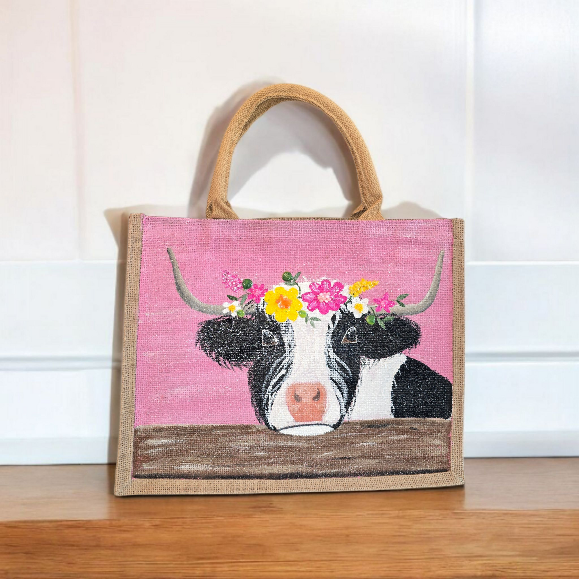 Black-and-White-Highland-Cow-Tote-Bag, Hand-Painted-with-Floral-Details, Artistic-Design