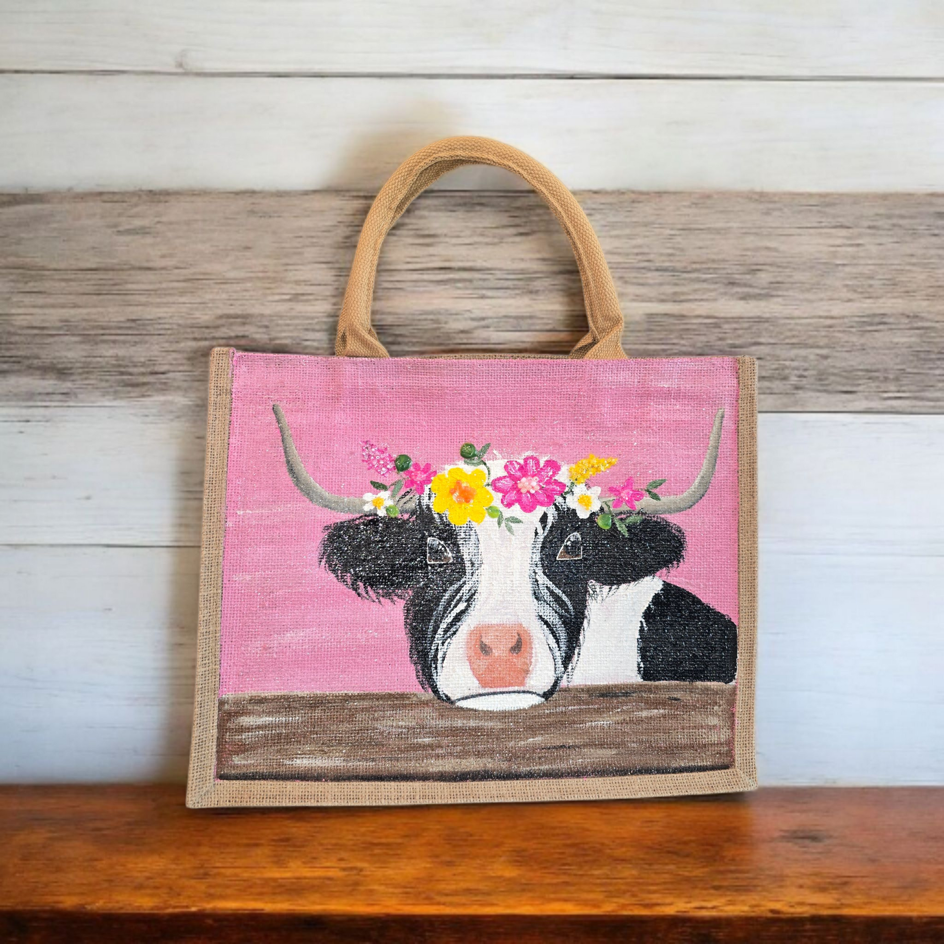 Black-and-White-Highland-Cow-Tote-Bag, Hand-Painted-with-Floral-Details, Artistic-Design