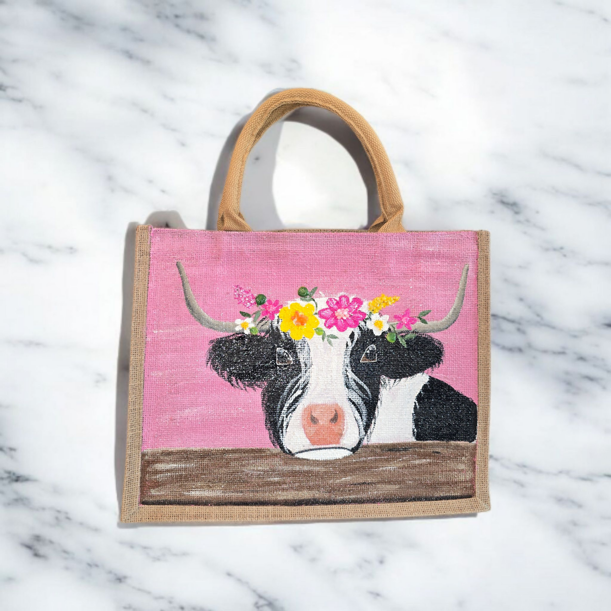 Black-and-White-Highland-Cow-Tote-Bag, Hand-Painted-with-Floral-Details, Artistic-Design
