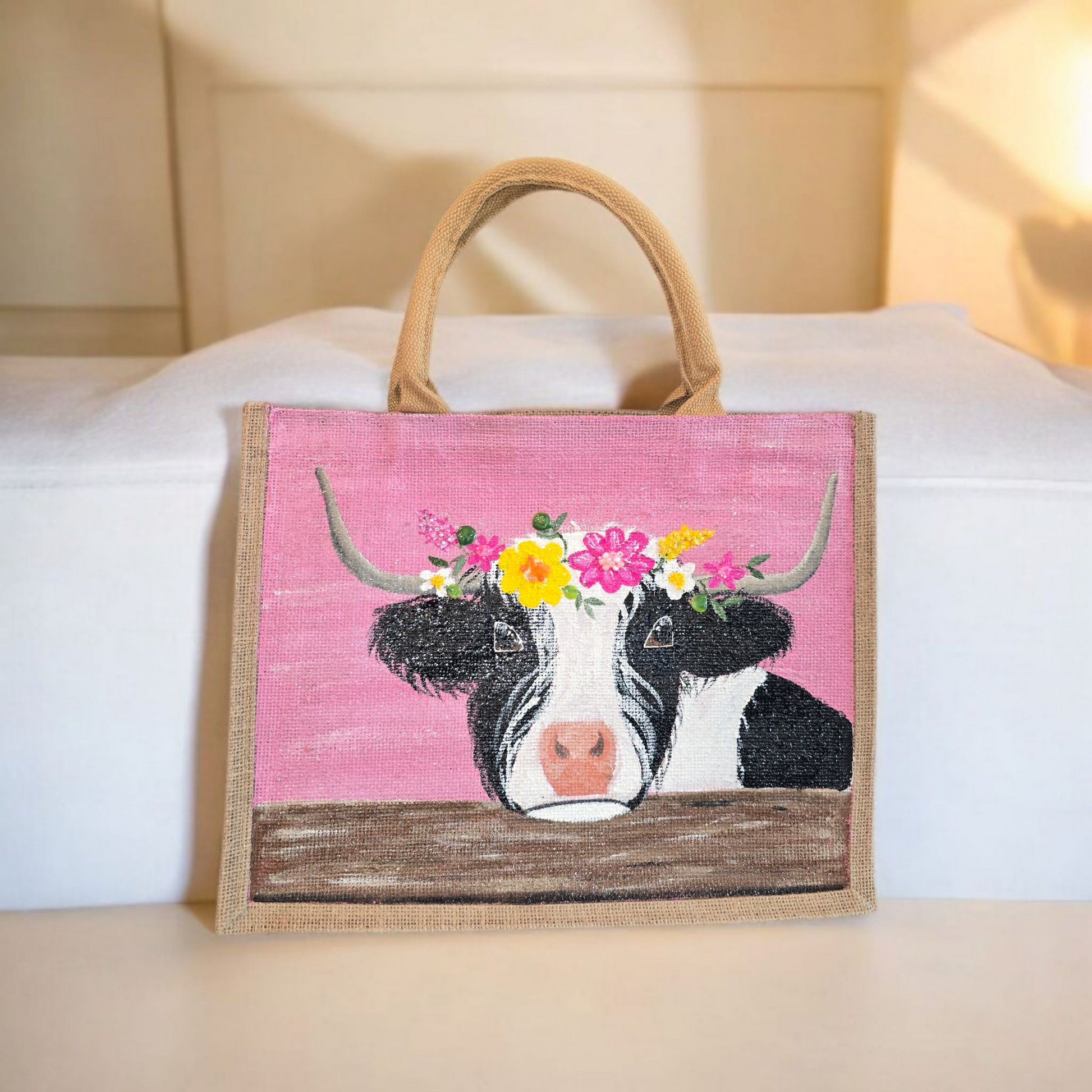 Black-and-White-Highland-Cow-Tote-Bag, Hand-Painted-with-Floral-Details, Artistic-Design