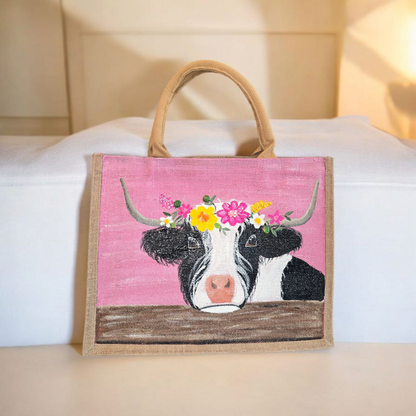 black and white highland cow tote bag, pink tote bag, hand painted beaded cow jute bag, eco-friendly animal tote