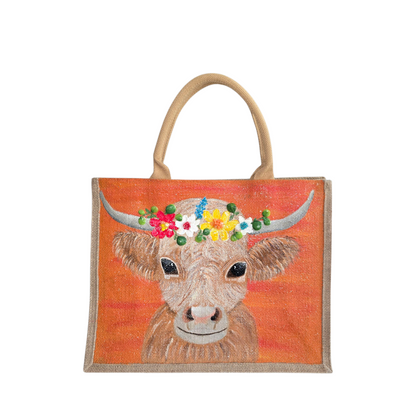 multicolor highland cow tote bag, orange tote bag, hand painted beaded cow jute bag, eco-friendly animal tote