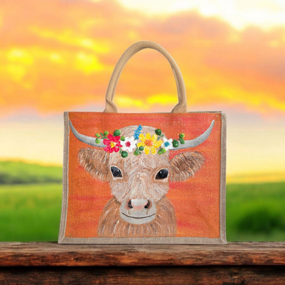 multicolor highland cow tote bag, orange tote bag, hand painted beaded cow jute bag, eco-friendly animal tote