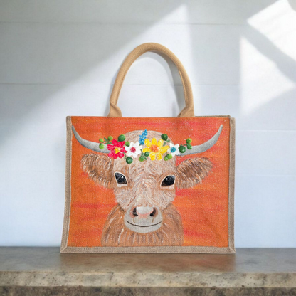 multicolor highland cow tote bag, orange tote bag, hand painted beaded cow jute bag, eco-friendly animal tote