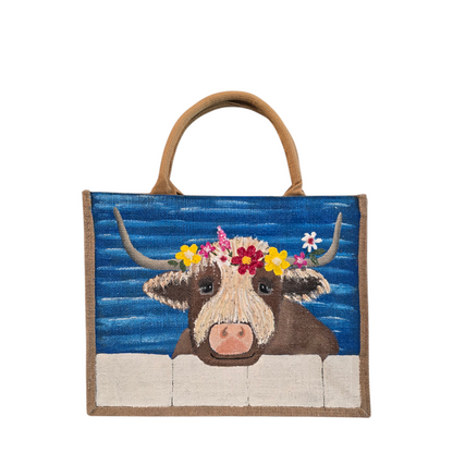 brown highland cow tote bag, blue tote bag, hand painted beaded cow jute bag, eco-friendly animal tote