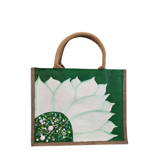 Green-and-White-Sunflower-Tote-Bag, Hand-Painted-with-Beads-and-Charm, Artistic-Design