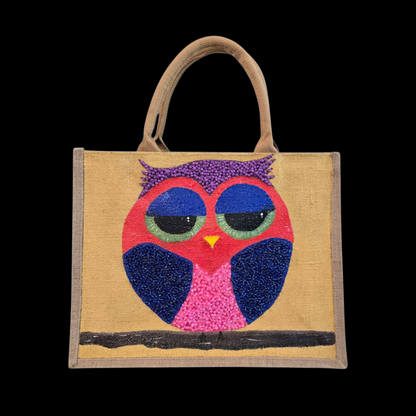 abstract owl tote bag, yellow owl tote, hand painted beaded owl jute bag, eco-friendly owl market bag