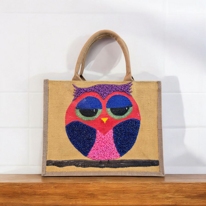 abstract owl tote bag, yellow owl tote, hand painted beaded owl jute bag, eco-friendly owl market bag