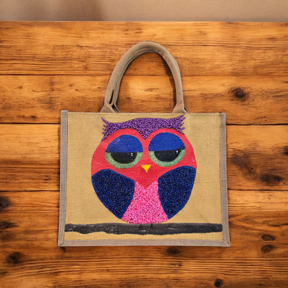 abstract owl tote bag, yellow owl tote, hand painted beaded owl jute bag, eco-friendly owl market bag