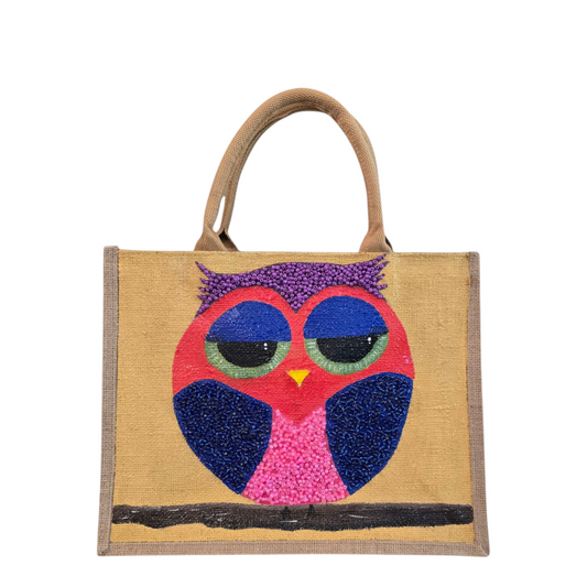 Abstract-Owl-Tote-Bag, Hand-Painted-with-Beads-and-Charm, Unique-Artistic-Design