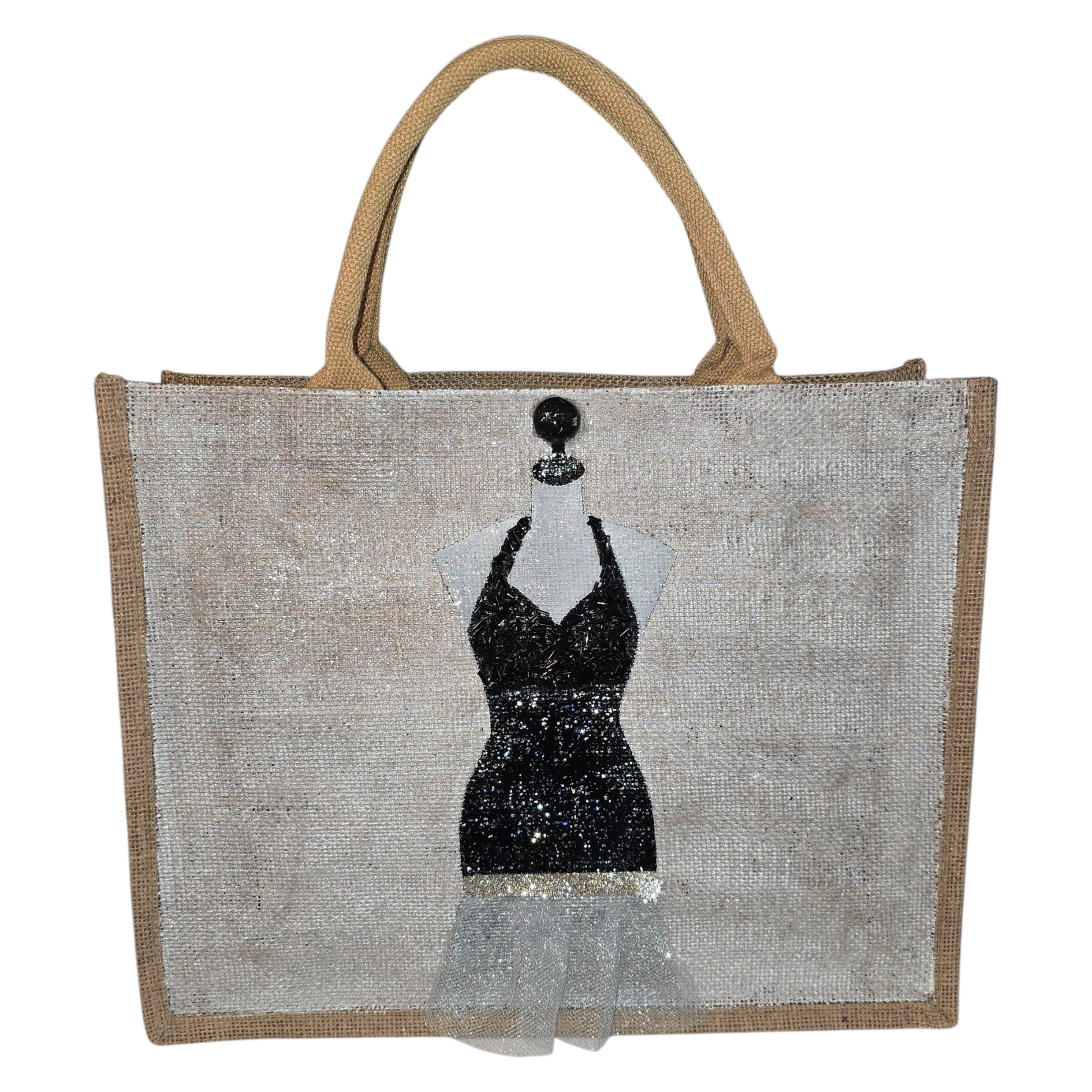 Little Black Dress  Hand Painted and Embellished Jute Tote Bag