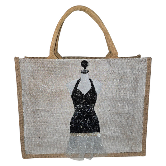 little black dress tote bag, fabric accented tote bag, beaded fashion jute bag, eco-friendly dress tote, off white tote bag