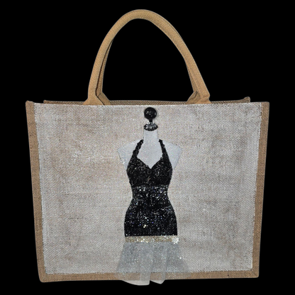 little black dress tote bag, fabric accented tote bag, beaded fashion jute bag, eco-friendly dress tote, off white tote bag