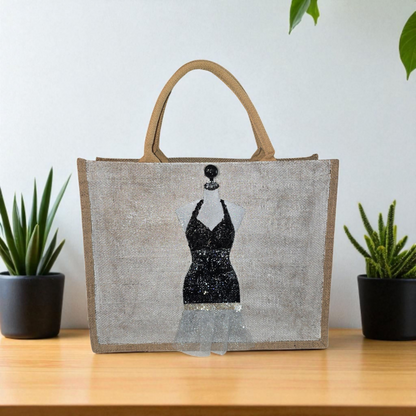 little black dress tote bag, fabric accented tote bag, beaded fashion jute bag, eco-friendly dress tote, off white tote bag