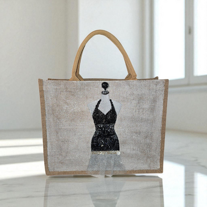 little black dress tote bag, fabric accented tote bag, beaded fashion jute bag, eco-friendly dress tote, off white tote bag