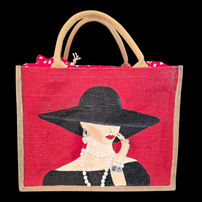 elegant lady tote bag, red tote bag, beaded lady jute bag, eco-friendly fashion tote, hand painted red tote