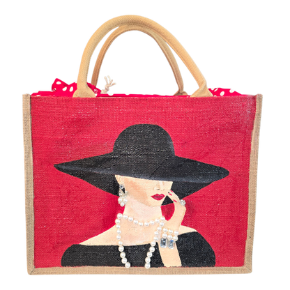 elegant lady tote bag, red tote bag, beaded lady jute bag, eco-friendly fashion tote, hand painted red tote