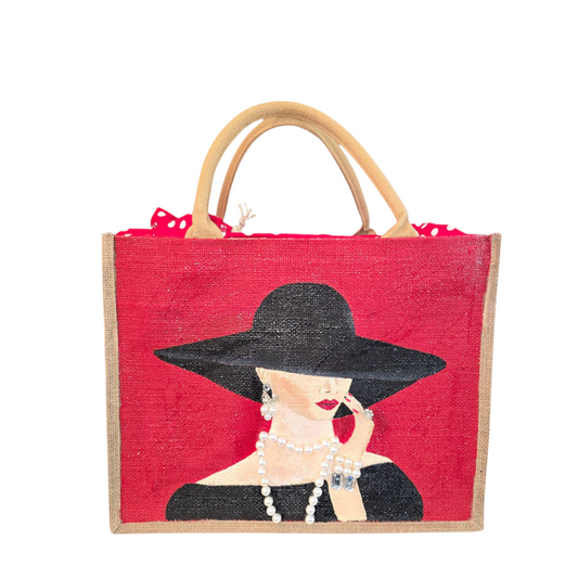 Elegant Lady in Black Tote Bag on Red Jute – Hand Painted Market Bag