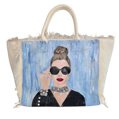hollywood glam tote bag, white fringed canvas tote, beaded glam tote, hand painted vintage style bag
