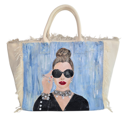 hollywood glam tote bag, white fringed canvas tote, beaded glam tote, hand painted vintage style bag