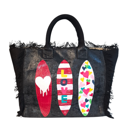surfboard tote bag, fringed canvas beach tote, black surf tote, hand painted surfboard bag
