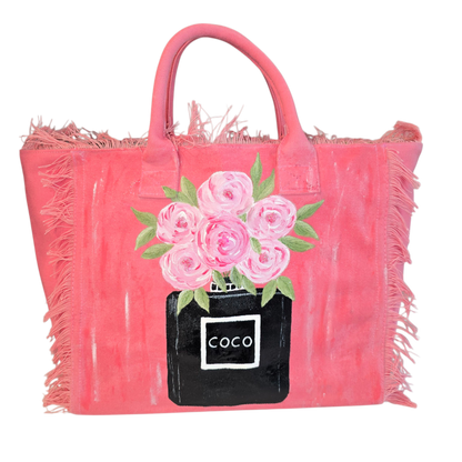 coco blooms tote, pink floral tote bag, fringed canvas tote, hand painted flower bag