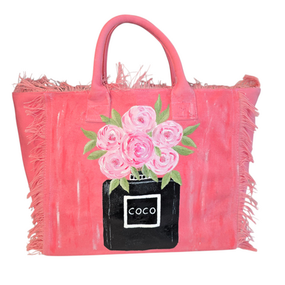 coco blooms tote, pink floral tote bag, fringed canvas tote, hand painted flower bag