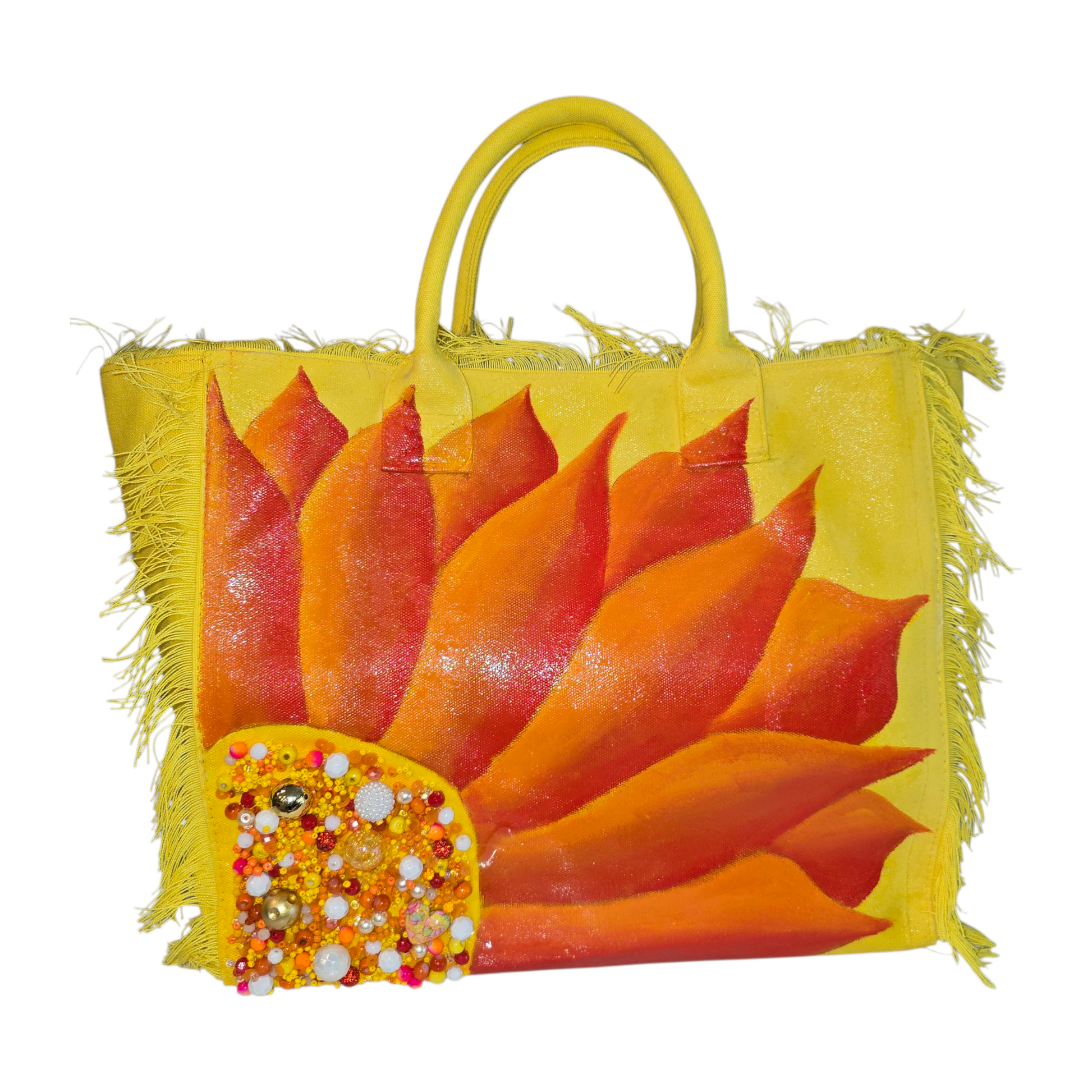 Sunny Blooms  Hand Painted and Embellished Fringed Tote Bag