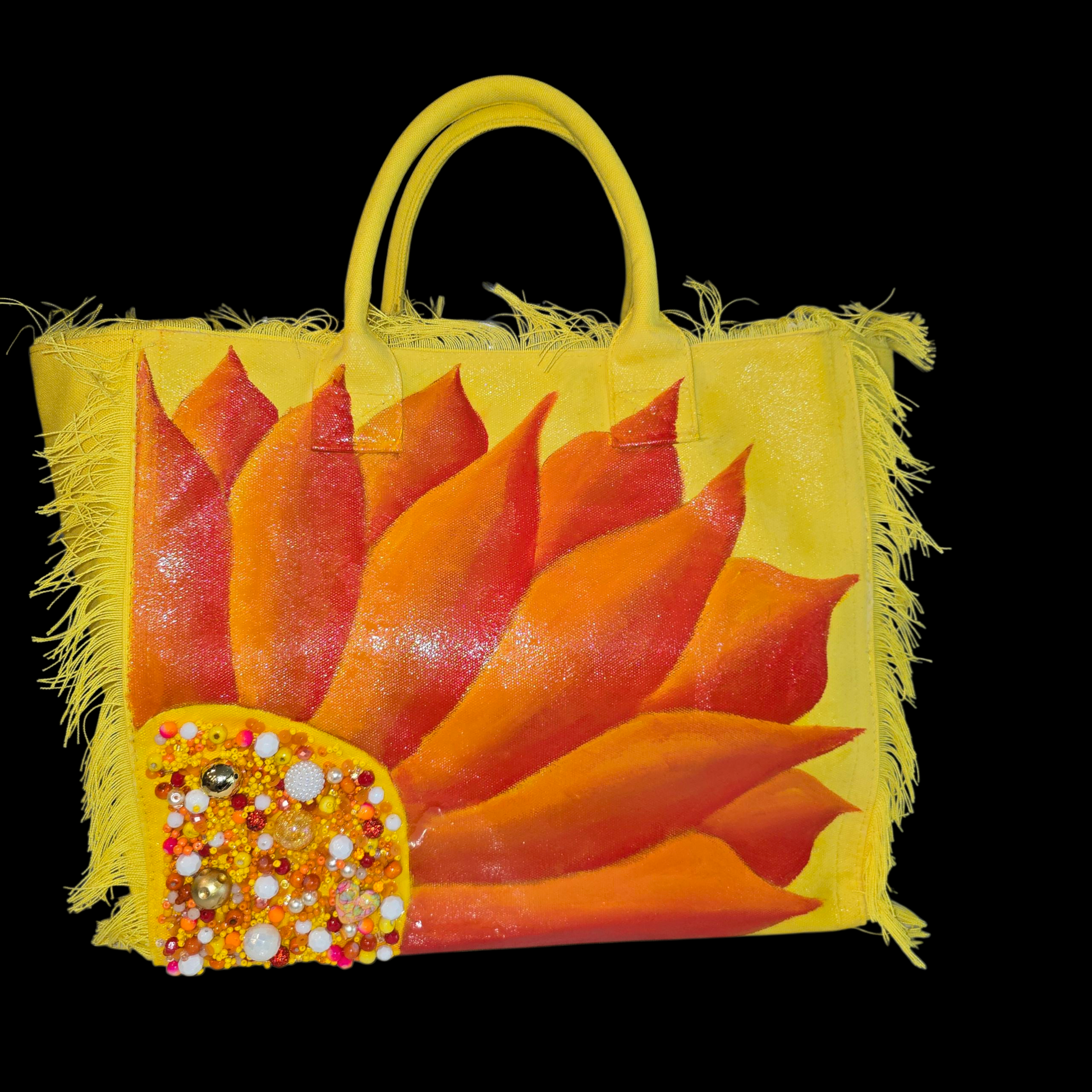 Sunny Blooms  Hand Painted and Embellished Fringed Tote Bag