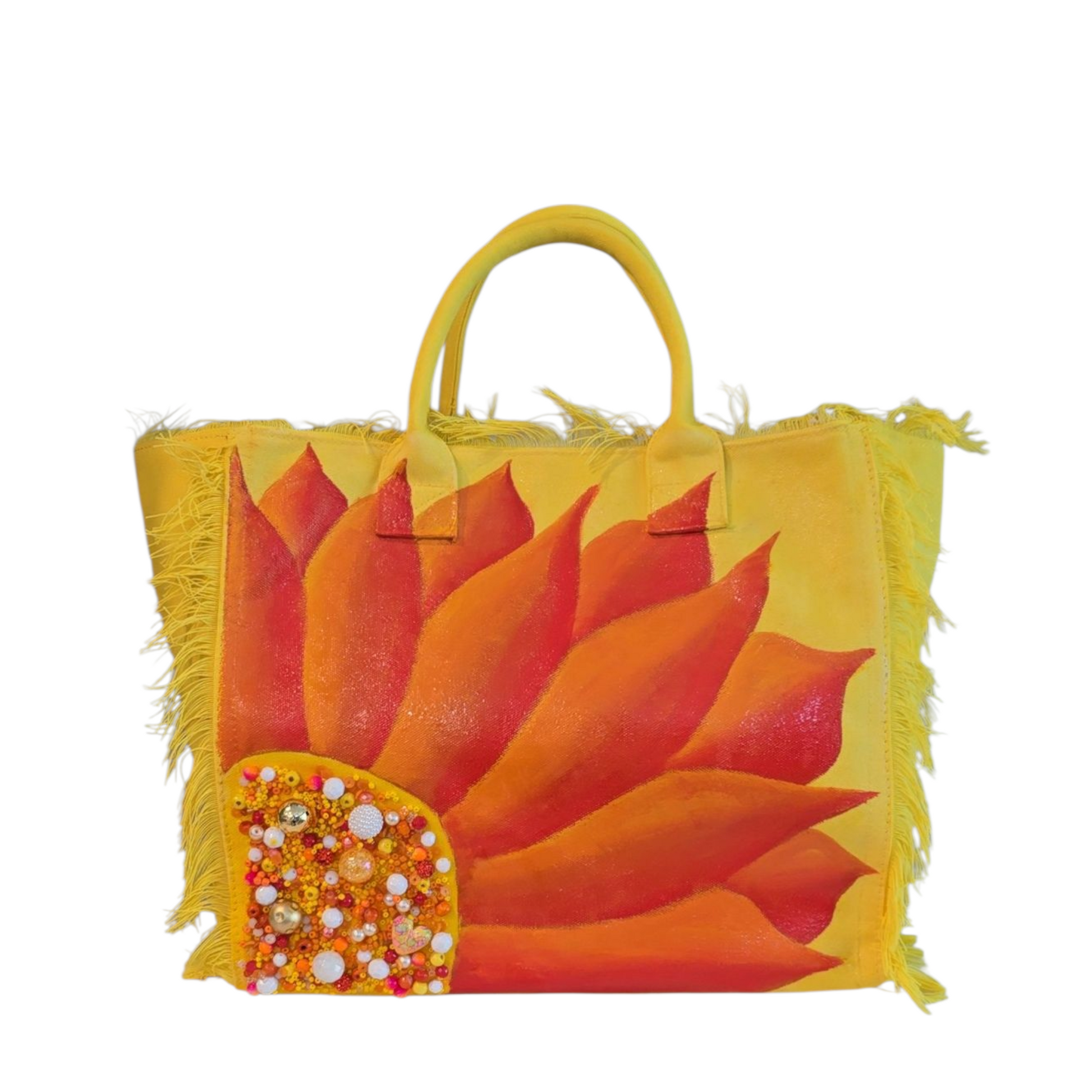 Sunny Blooms  Hand Painted and Embellished Fringed Tote Bag