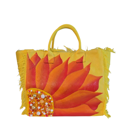 sunny bloom tote, yellow floral tote bag, fringed canvas tote, hand painted flower bag