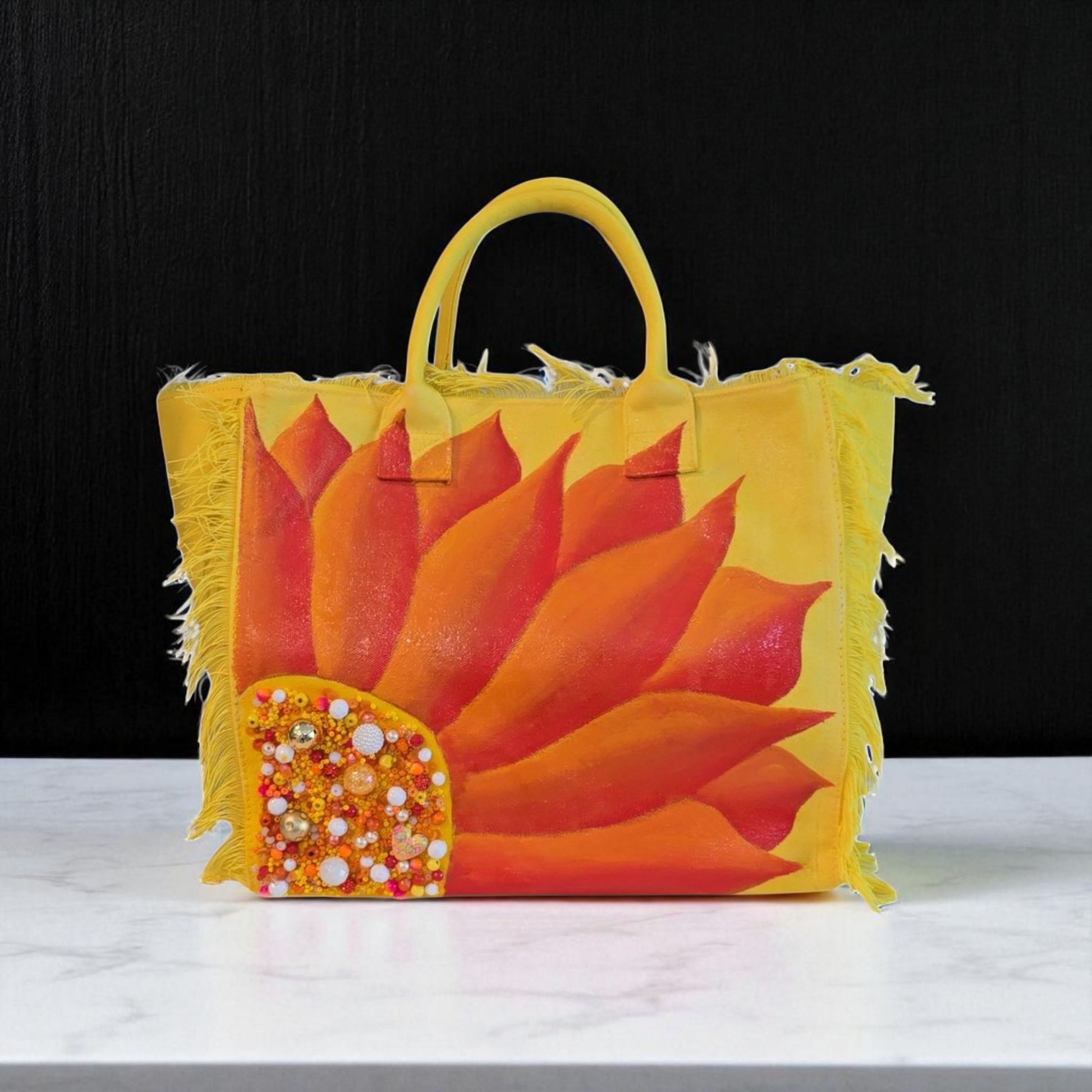 Sunny Blooms  Hand Painted and Embellished Fringed Tote Bag